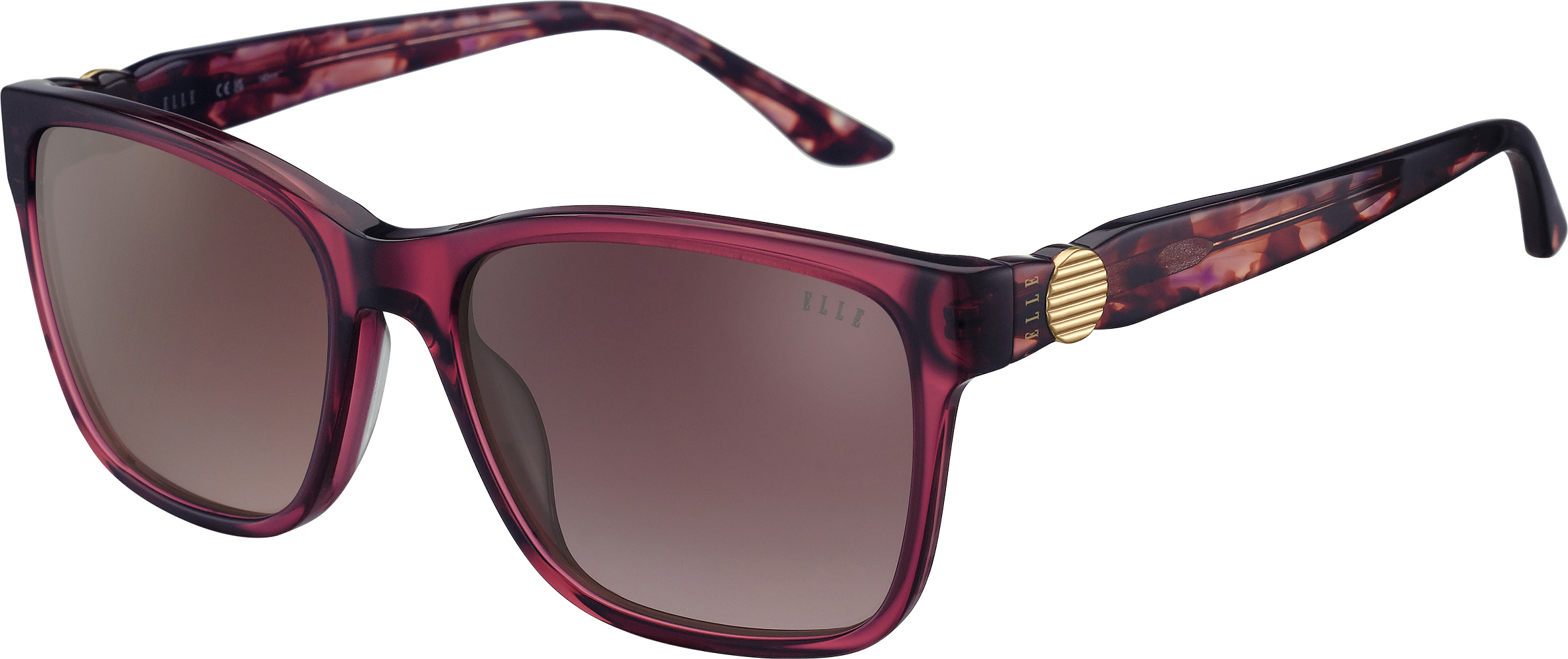 ELLE rechteckige Sonnenbrille in Weinrot mit rosa verlaufenden Gläsern und gerippten, goldfarbenen Detail