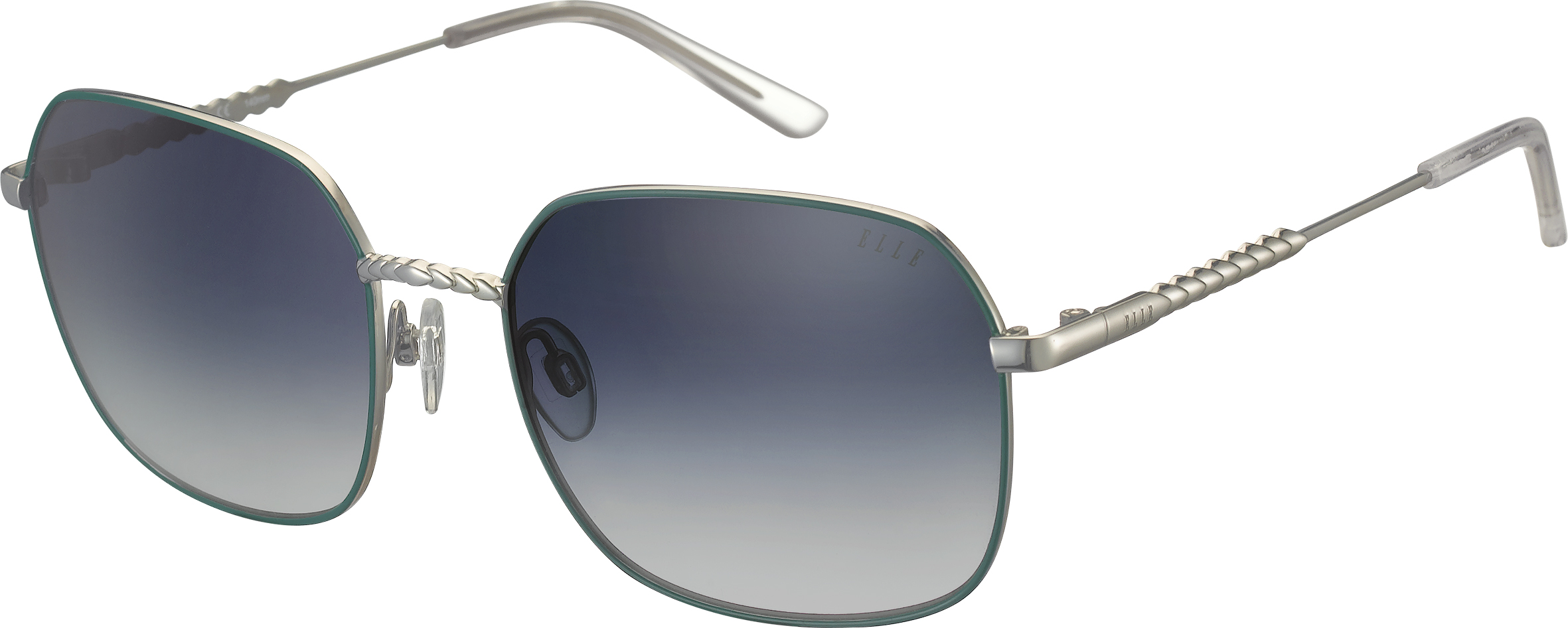 ELLE sechseckige Sonnenbrille in Grün-Silber mit blau verlaufenden Gläsern