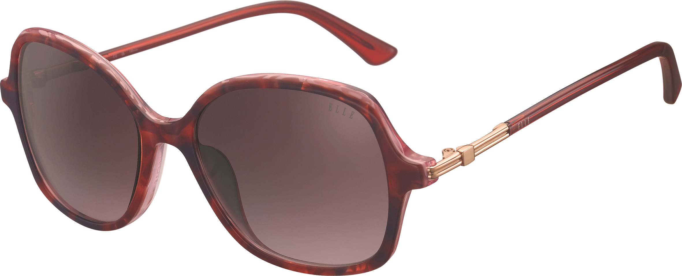 ELLE Sonnenbrille in Schmetterlingsform in warmem Rot mit rosa verlaufenden Gläsern und goldfarbenen Details