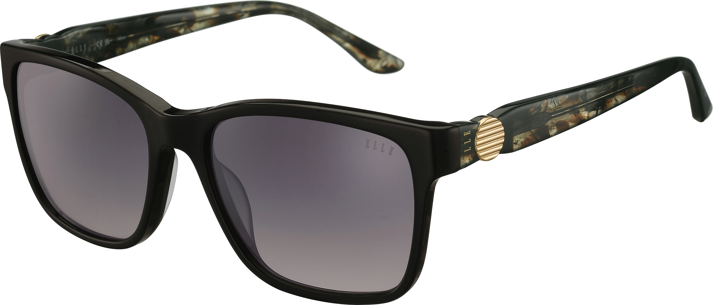Sonnenbrille - EL14946 ELLE rechteckige Sonnenbrille in Schwarz mit grau verlaufenden Gläsern und gerippten, goldfarbenen Detail