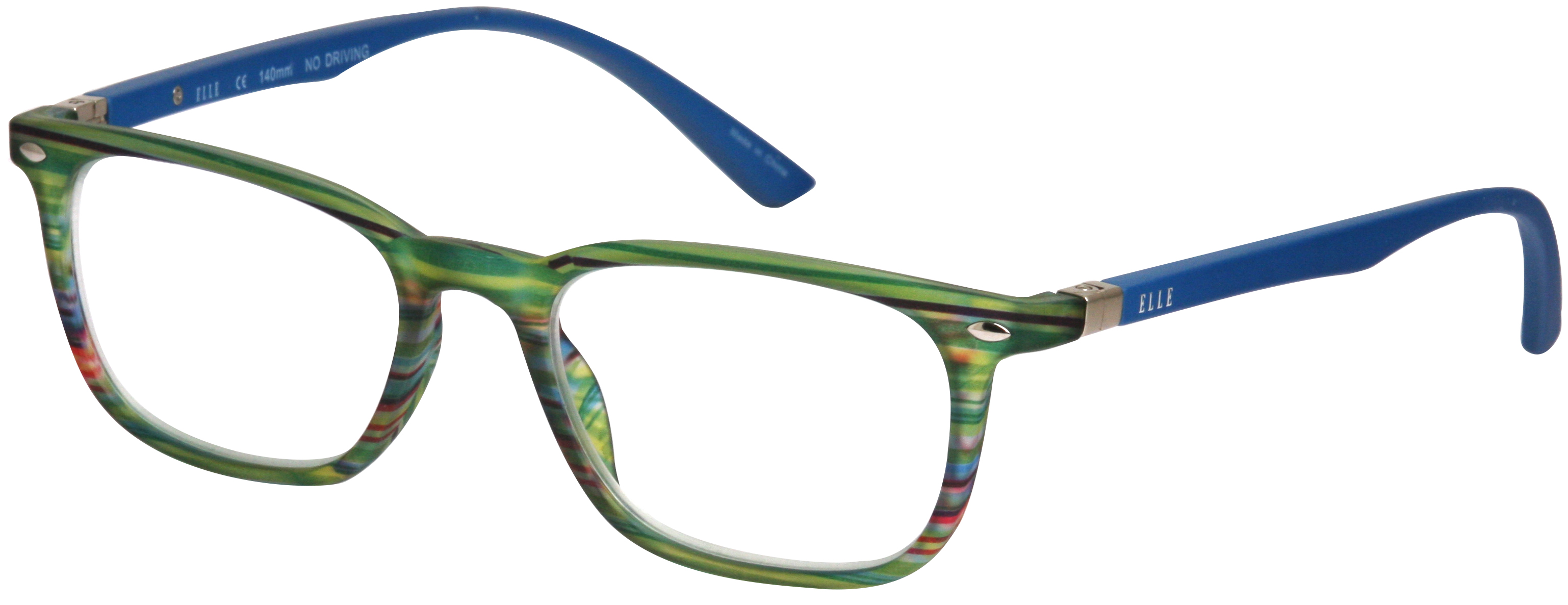 Grün gestreifte Lesebrille aus Kunststoff mit blauen Bügeln