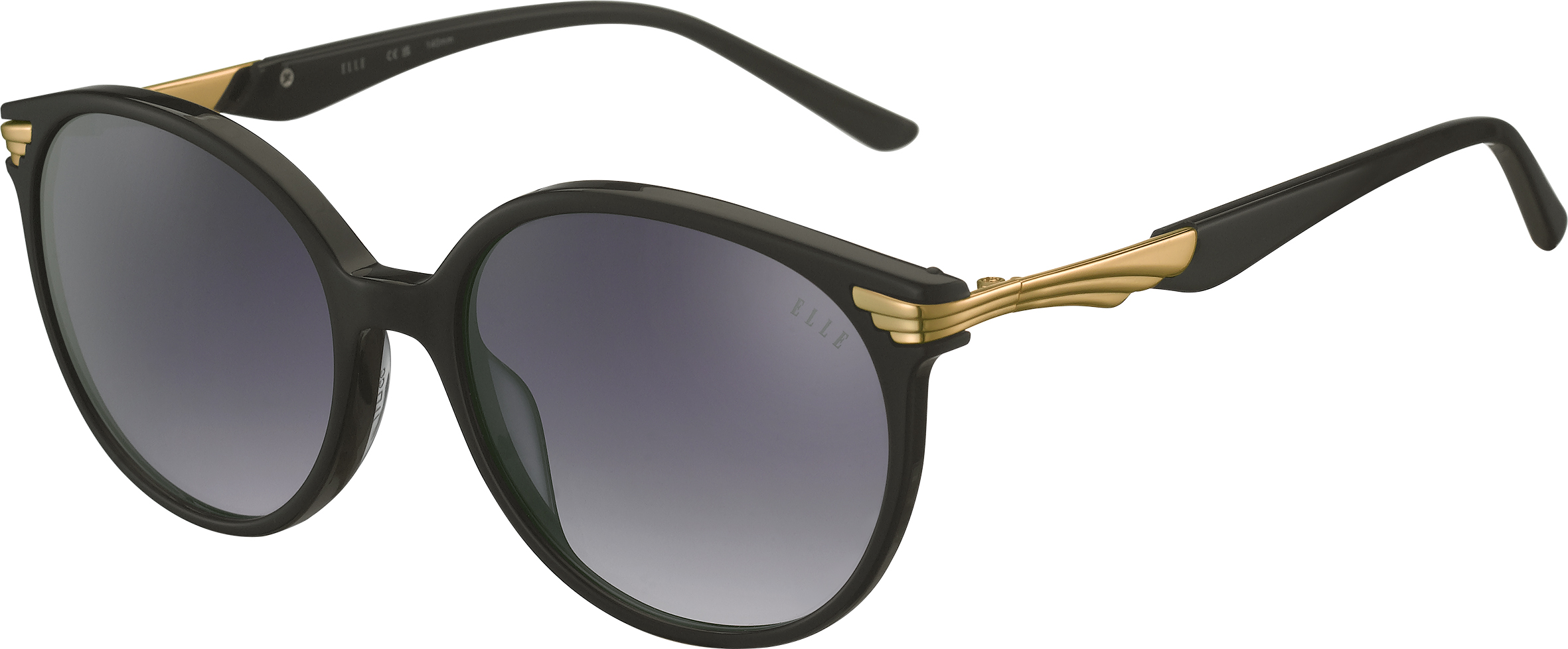 ELLE gerundete Acetat-Sonnenbrille in Schwarz mit grau verlaufenden Gläsern und goldfarbenen Detail