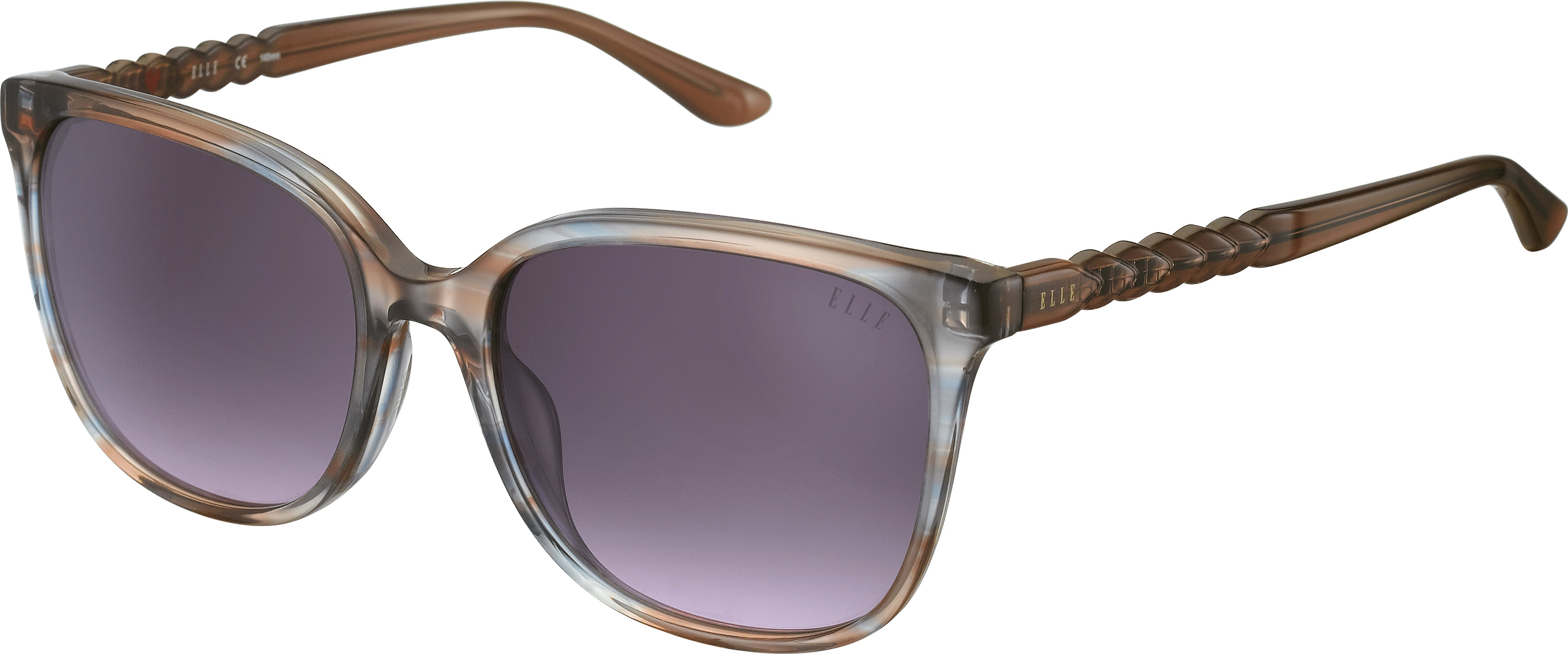 ELLE quadratische Sonnenbrille mit grau-braunem Muster, grauen Gläsern und Bügeln mit Flechtdetail